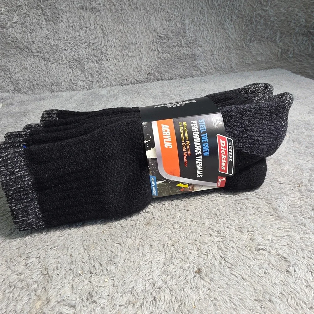 Dickies Thermal Socks Black 3pk Steel Toe Crew Heavyweight‎ Mens 6-12 New